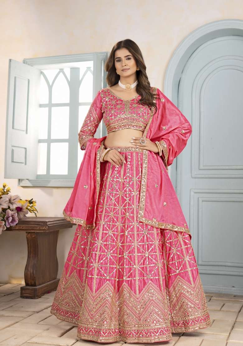 Pink Chinon Lehenga Set with Embroidered for Diwali | Wedding & Festive Wear - Indya