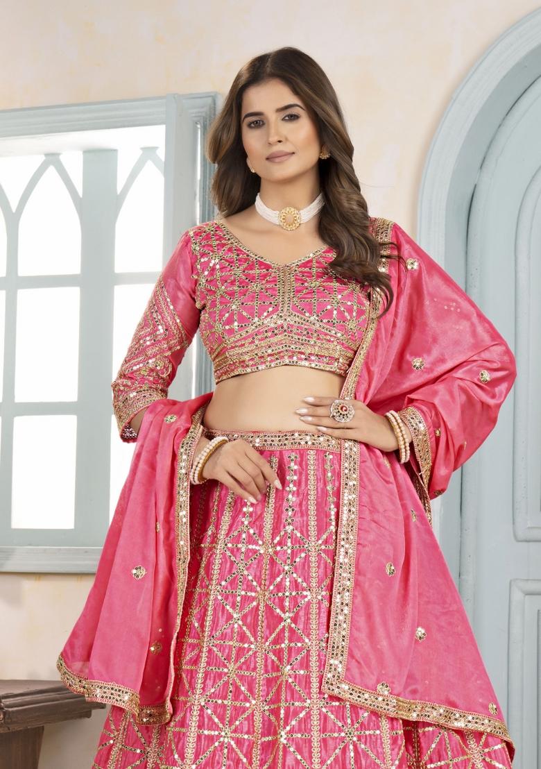 Pink Embroidered Chinon Lehenga Set - Indya