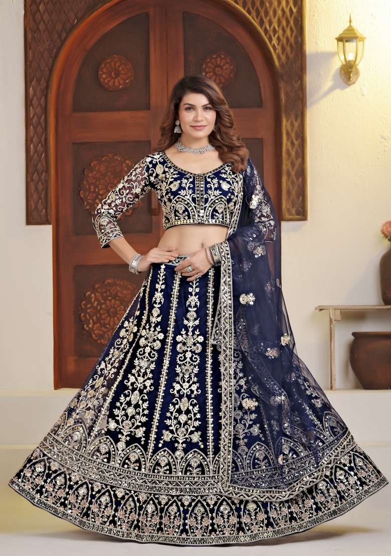 Blue Net Lehenga Set with Embroidered for Diwali | Wedding & Festive Wear - Indya