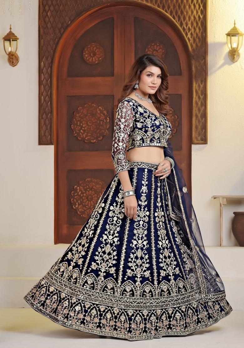 Blue Embroidered Net Lehenga Set - Indya