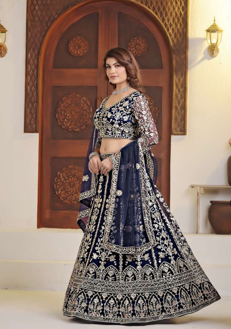 Blue Net Lehenga Set with Embroidered for Diwali | Wedding & Festive Wear - Indya