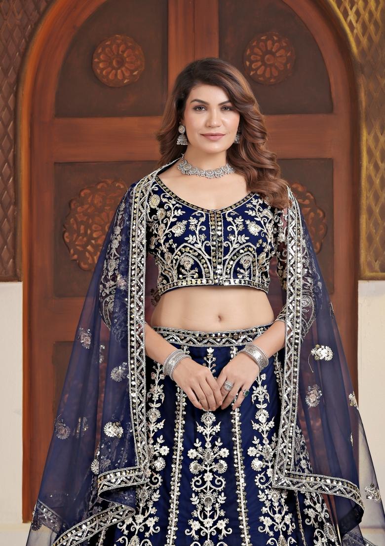 Blue Embroidered Net Lehenga Set - Indya
