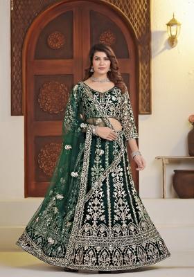 Green Embroidered Net Lehenga Set