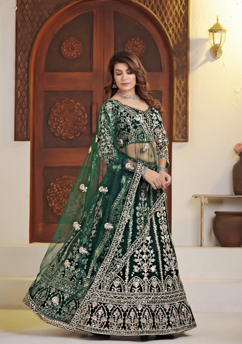 Green Embroidered Net Lehenga Set - Indya