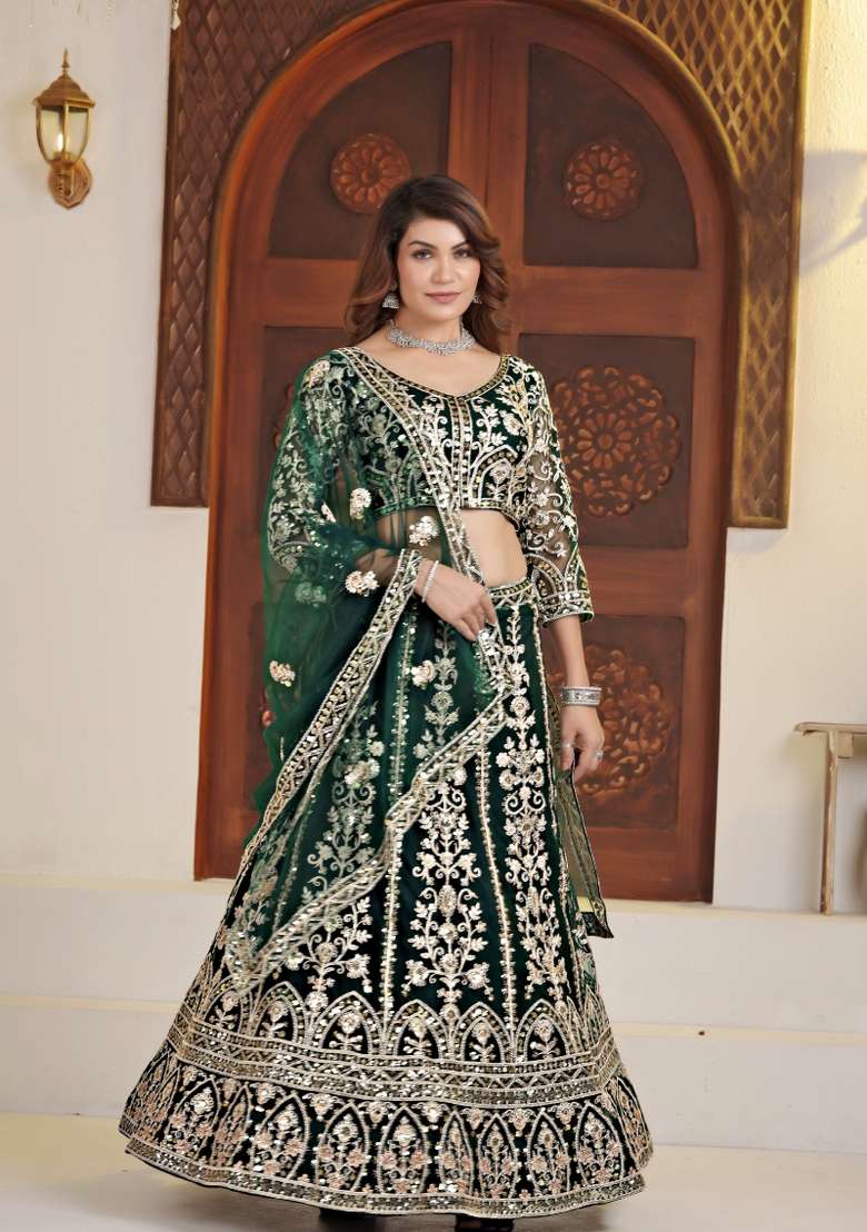 Green Embroidered Net Lehenga Set for Diwali and Festive Wear - Indya