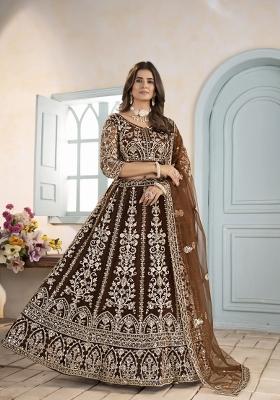 Brown Embroidered Net Lehenga Set