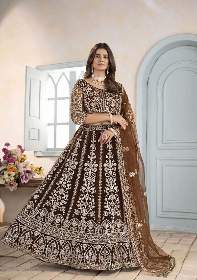 Brown Net Lehenga Set with Embroidered for Diwali | Wedding & Festive Wear - Indya