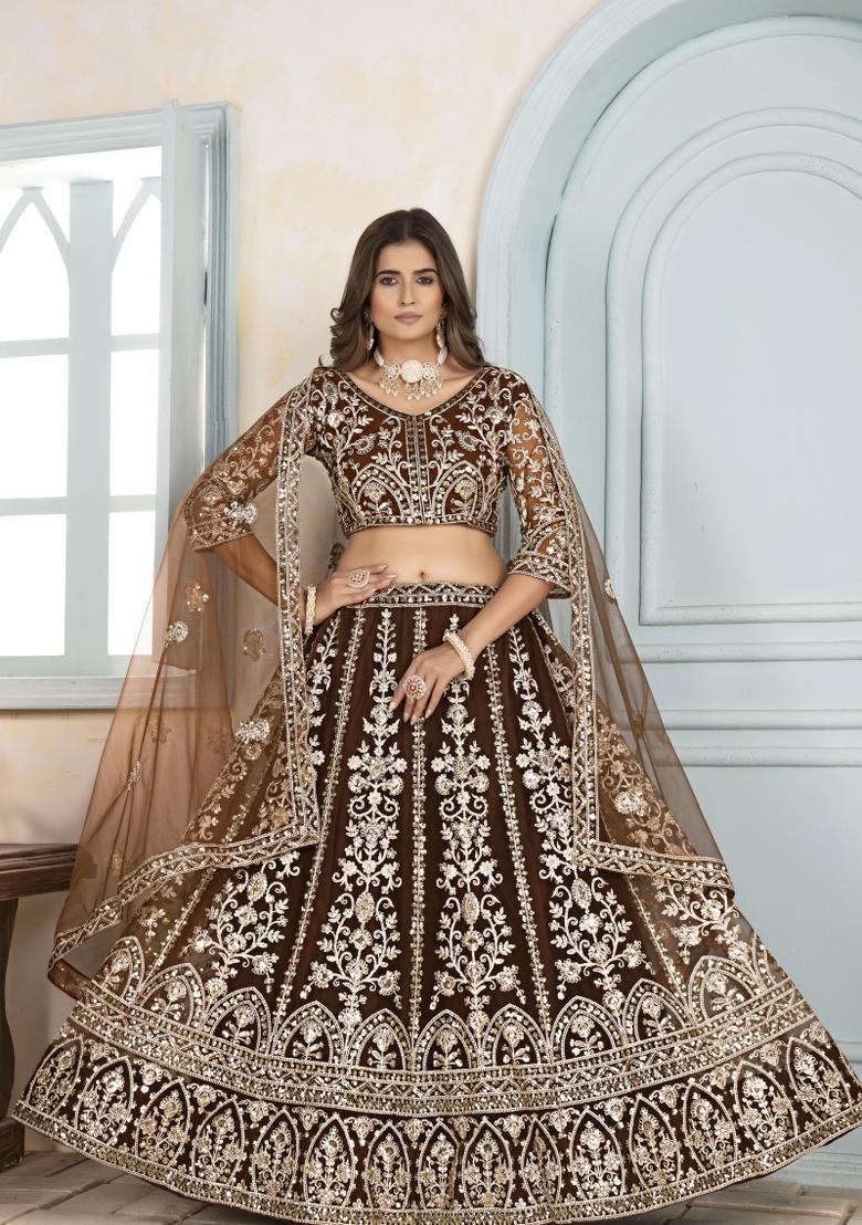Brown Embroidered Net Lehenga Set - Indya