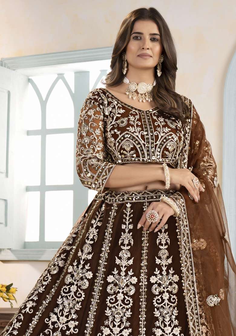 Brown Net Lehenga Set with Embroidered for Diwali | Wedding & Festive Wear - Indya