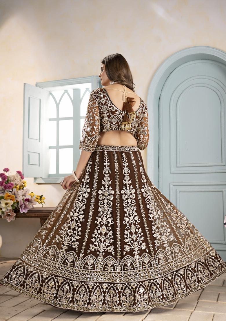 Brown Embroidered Net Lehenga Set - Indya