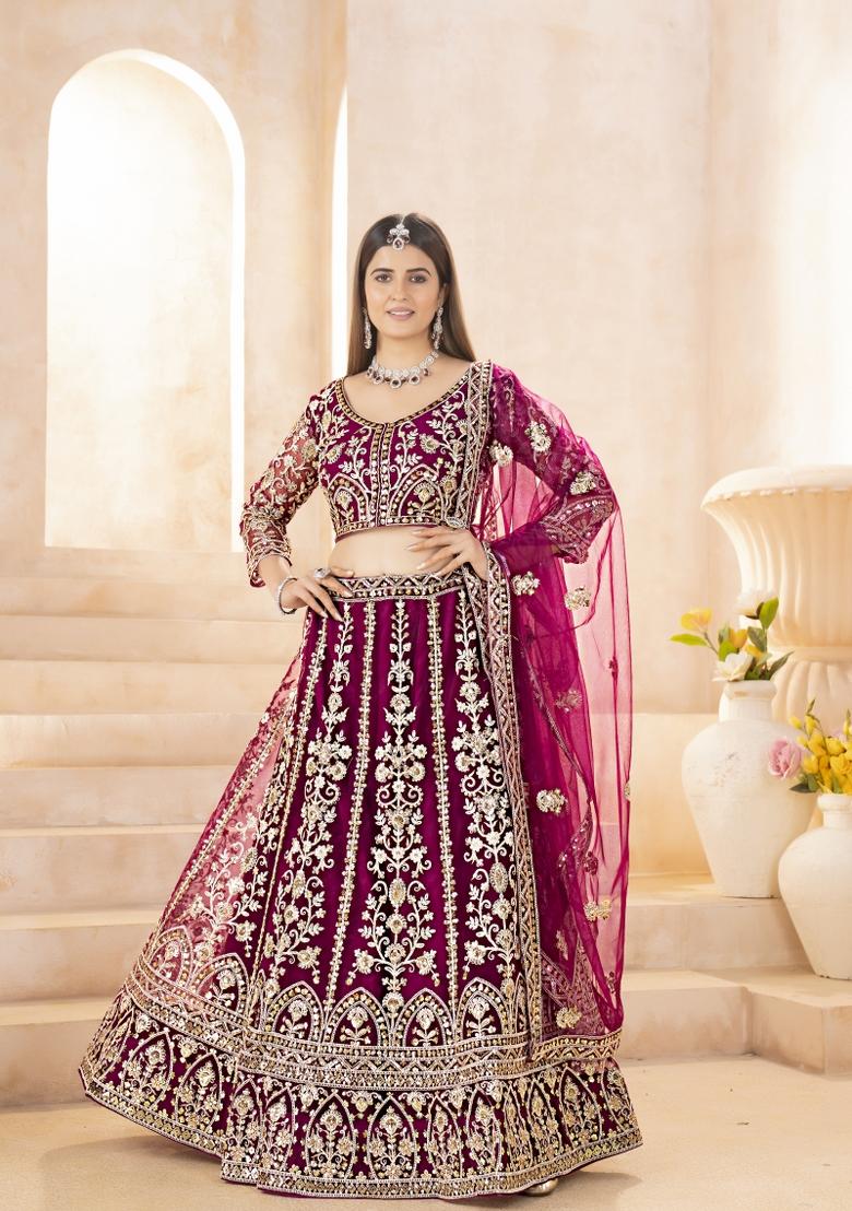 Pink Embroidered Net Lehenga Set - Indya