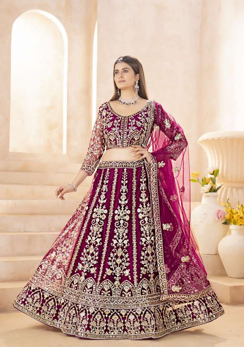 Pink Net Lehenga Set with Embroidered for Diwali | Wedding & Festive Wear - Indya