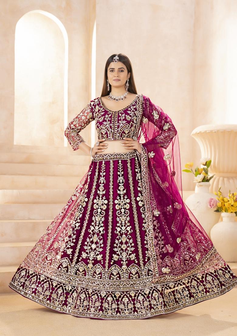 Pink Embroidered Net Lehenga Set - Indya