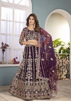 Purple Embroidered Net Lehenga Set