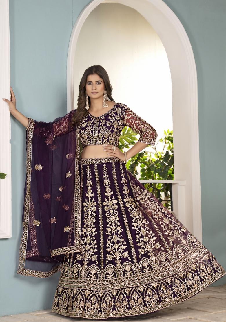 Purple Embroidered Net Lehenga Set - Indya