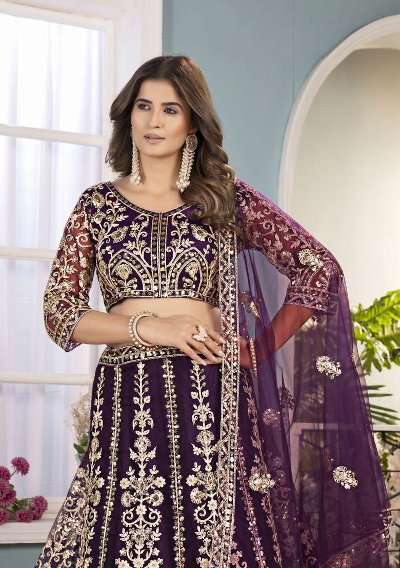 Purple Embroidered Net Lehenga Set for Diwali and Festive Wear - Indya