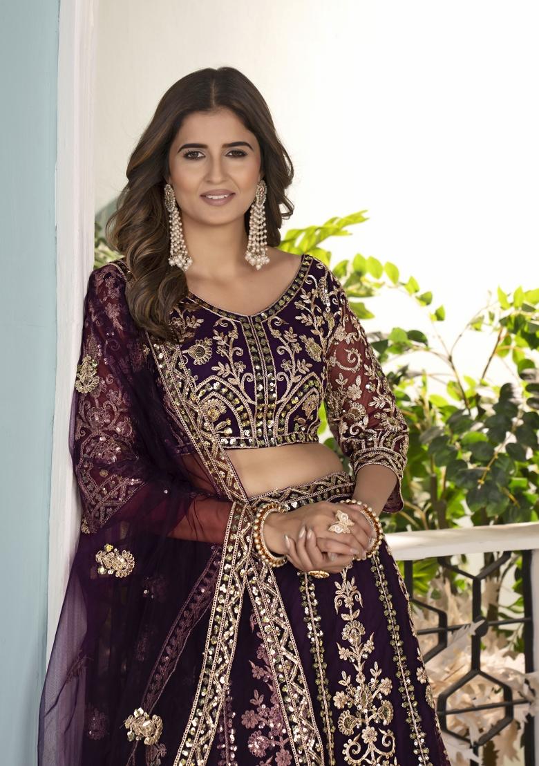 Purple Embroidered Net Lehenga Set - Indya