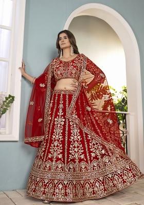 Red Embroidered Net Lehenga Set