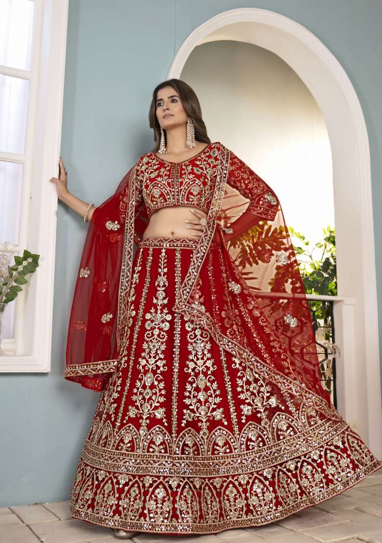 Red Embroidered Net Lehenga Set for Diwali and Festive Wear - Indya