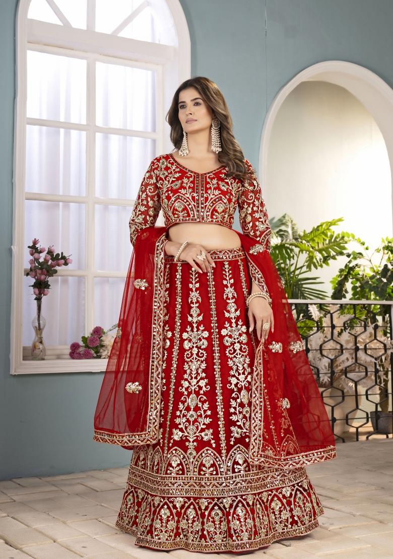Red Embroidered Net Lehenga Set - Indya