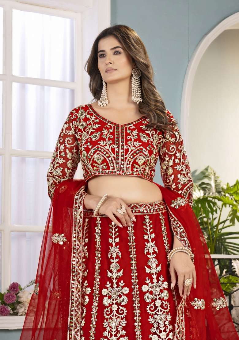 Red Embroidered Net Lehenga Set for Diwali and Festive Wear - Indya