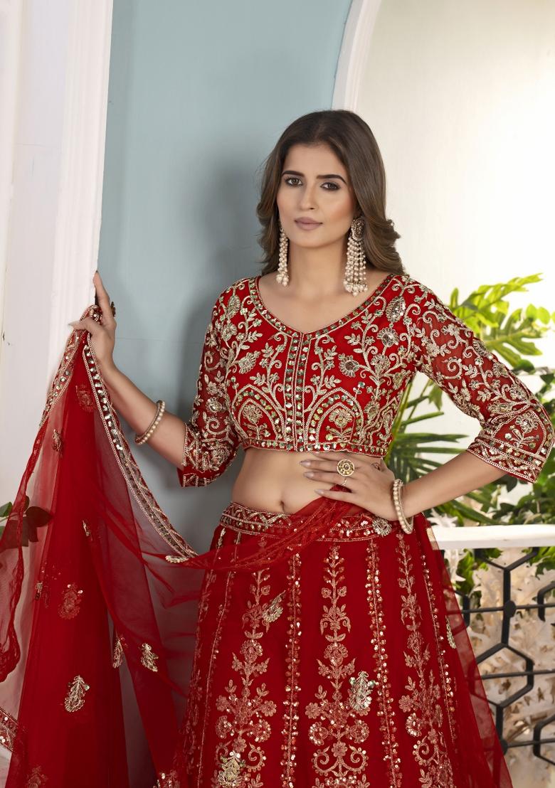 Red Embroidered Net Lehenga Set - Indya