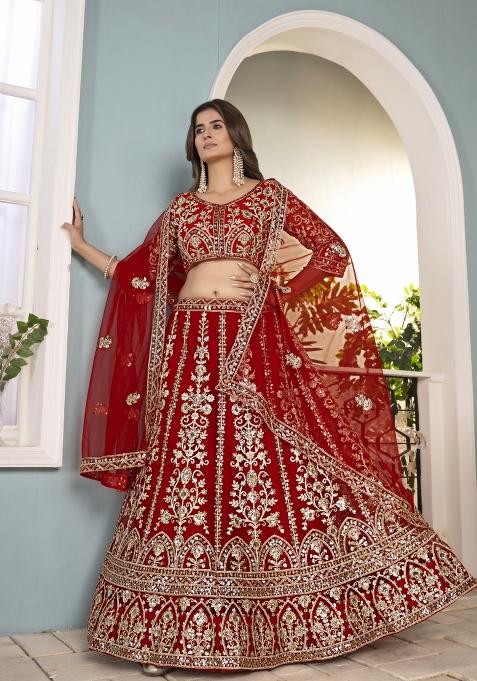 Red Embroidered Net Lehenga Set