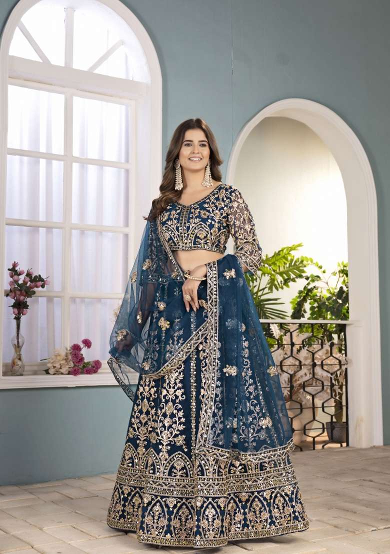Teal Blue Embroidered Net Lehenga Set for Diwali and Festive Wear - Indya