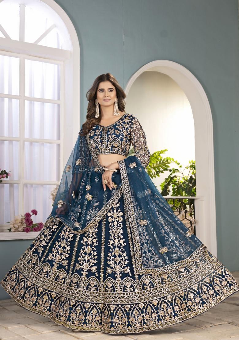 Teal Blue Embroidered Net Lehenga Set - Indya