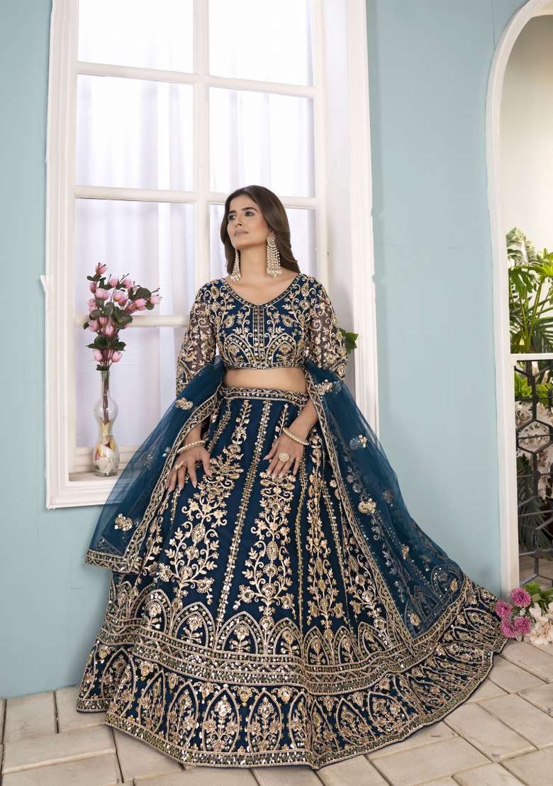 Teal Blue Embroidered Net Lehenga Set for Diwali and Festive Wear - Indya