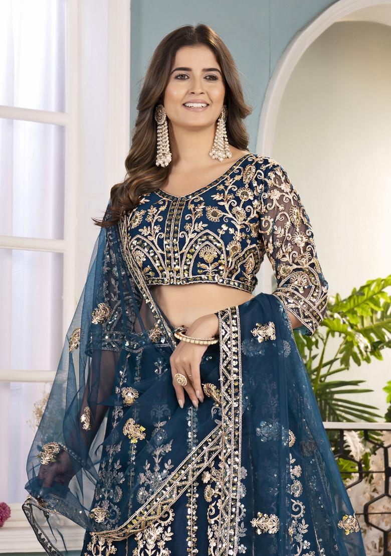 Teal Blue Embroidered Net Lehenga Set - Indya