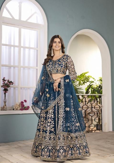 Teal Blue Embroidered Net Lehenga Set