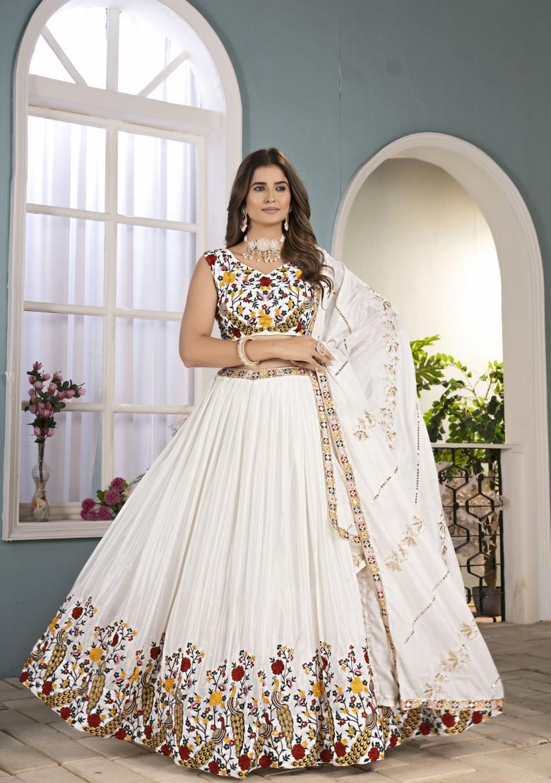 White Embroidered Chinon Lehenga Set - Indya
