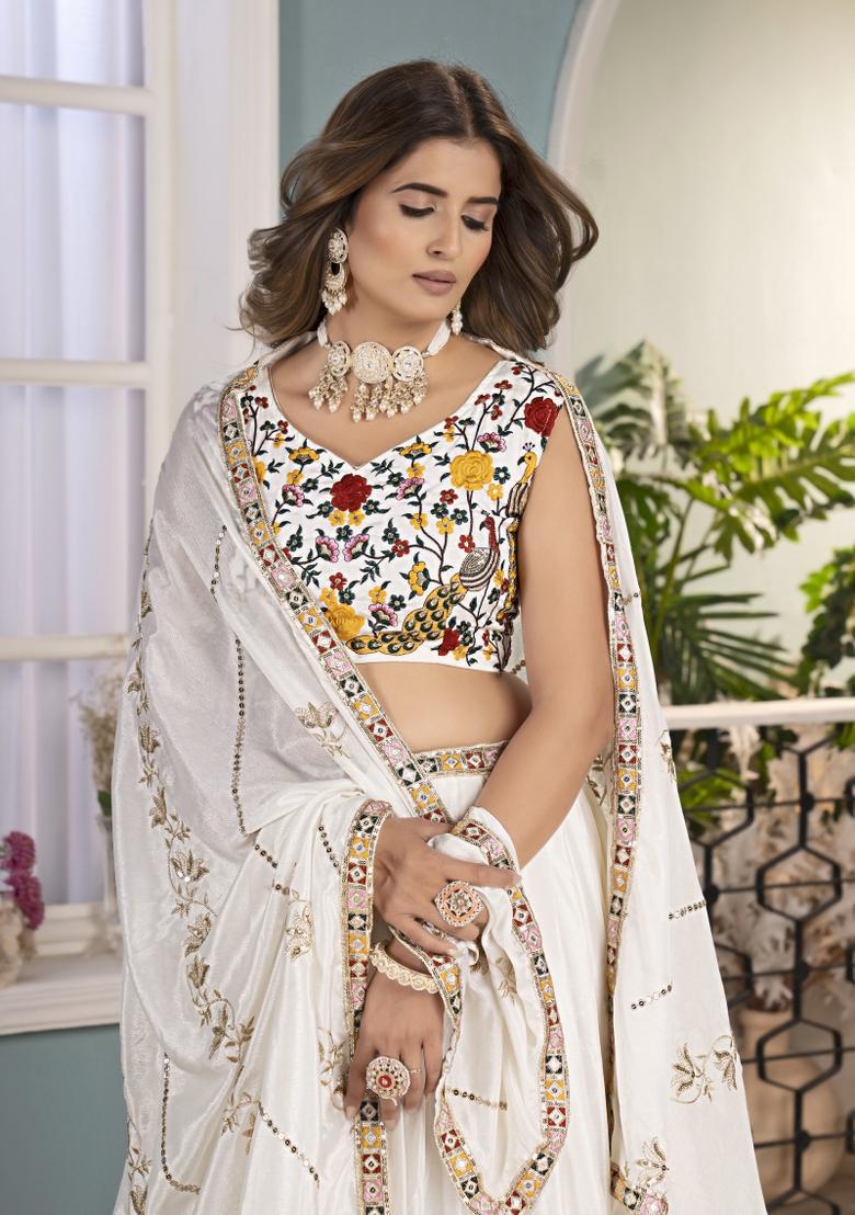 White Embroidered Chinon Lehenga Set - Indya