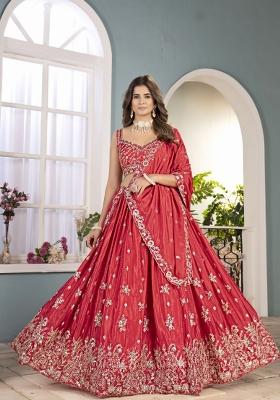 Pink Embroidered Chinon Lehenga Set