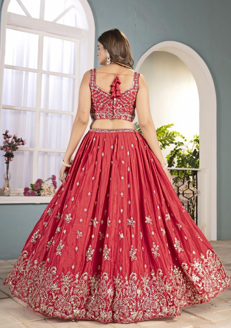 Pink Embroidered Chinon Lehenga Set - Indya