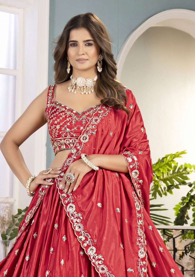 Pink Chinon Lehenga Set with Embroidered for Diwali | Wedding & Festive Wear - Indya