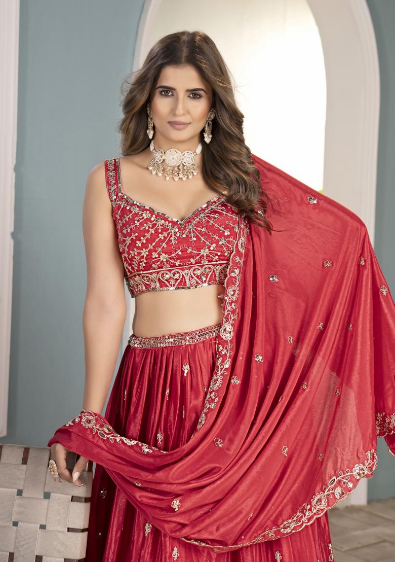 Pink Embroidered Chinon Lehenga Set - Indya