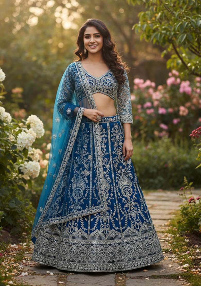 Firozi Embroidered Net Lehenga Set for Diwali and Festive Wear - Indya