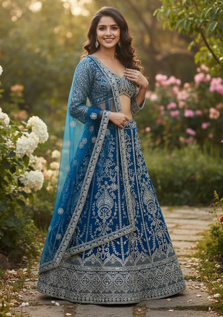 Firozi Embroidered Net Lehenga Set - Indya