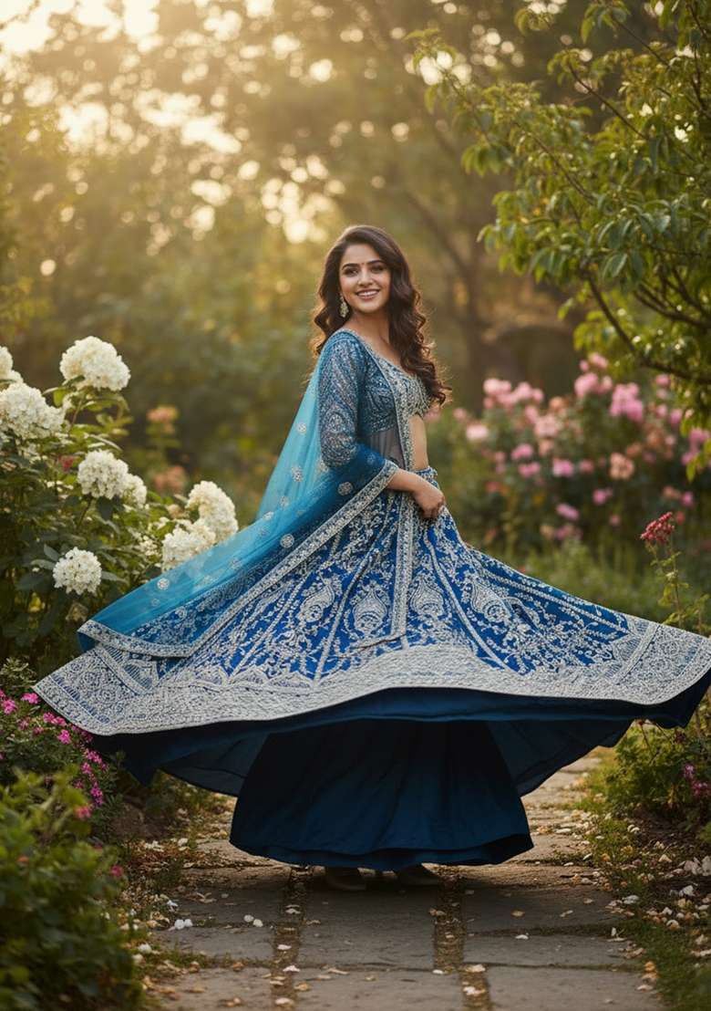 Firozi Embroidered Net Lehenga Set for Diwali and Festive Wear - Indya