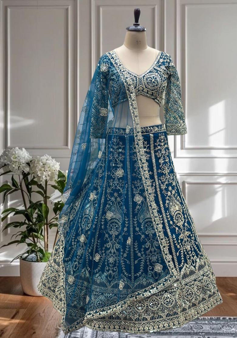 Firozi Embroidered Net Lehenga Set - Indya