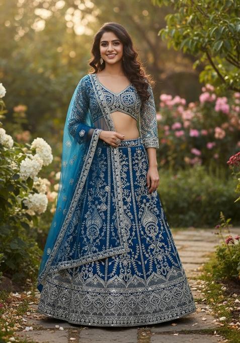 Firozi Embroidered Net Lehenga Set