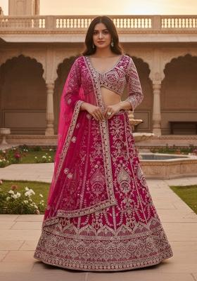 Pink Embroidered Net Lehenga Set