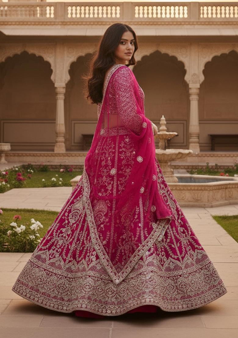 Pink Embroidered Net Lehenga Set - Indya