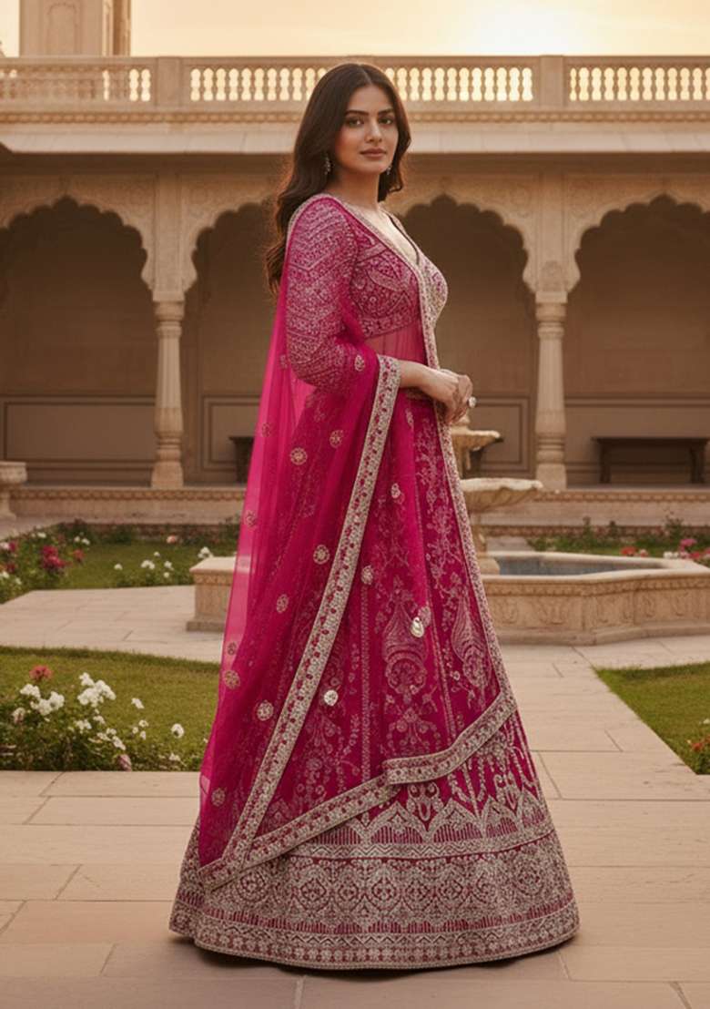 Pink Net Lehenga Set with Embroidered for Diwali | Wedding & Festive Wear - Indya