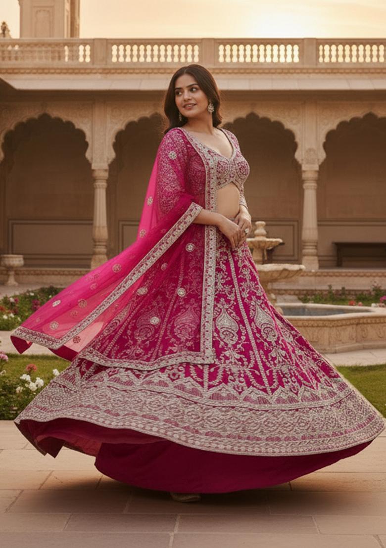 Pink Embroidered Net Lehenga Set - Indya