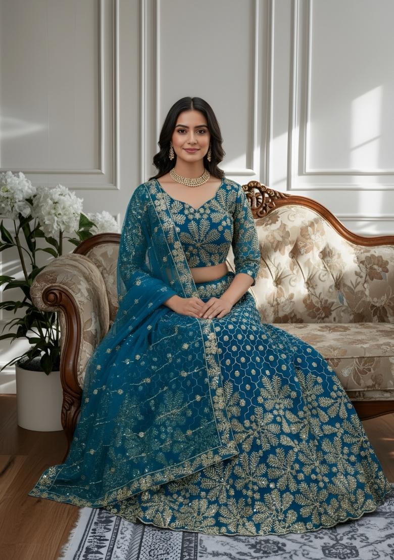 Pink Embroidered Net Lehenga Set - Indya