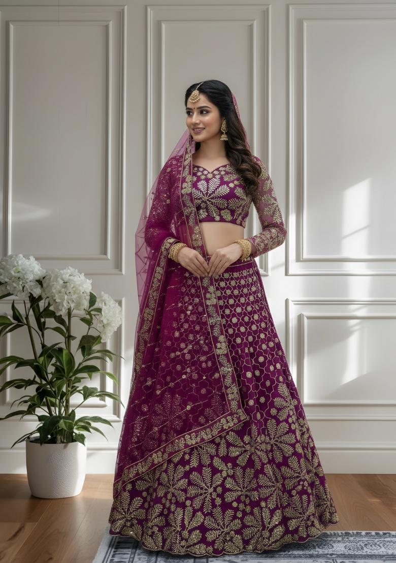 Purple Embroidered Net Lehenga Set - Indya