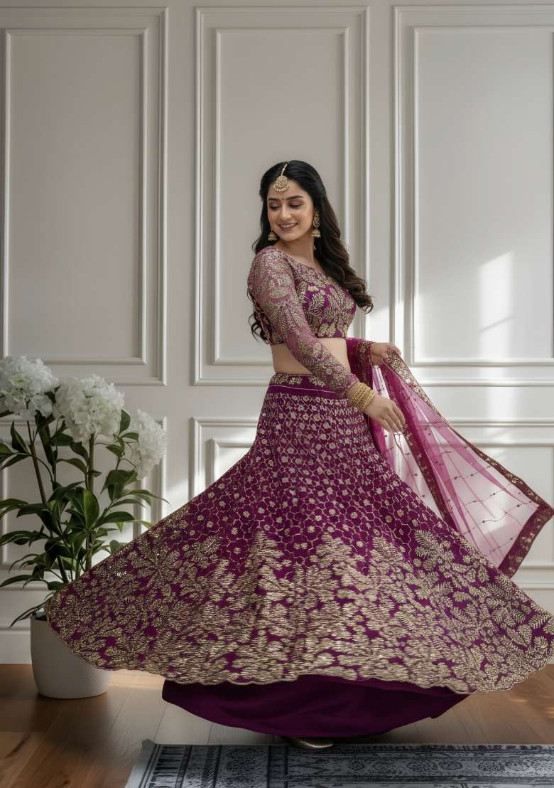 Purple Embroidered Net Lehenga Set for Diwali and Festive Wear - Indya